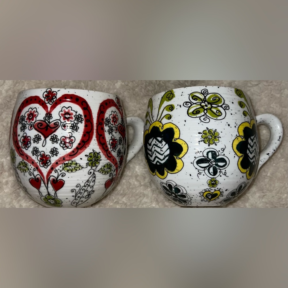2 Anthropologie Biscuit Coffee Mug Cup White Yellow Floral Speckle Red Heart